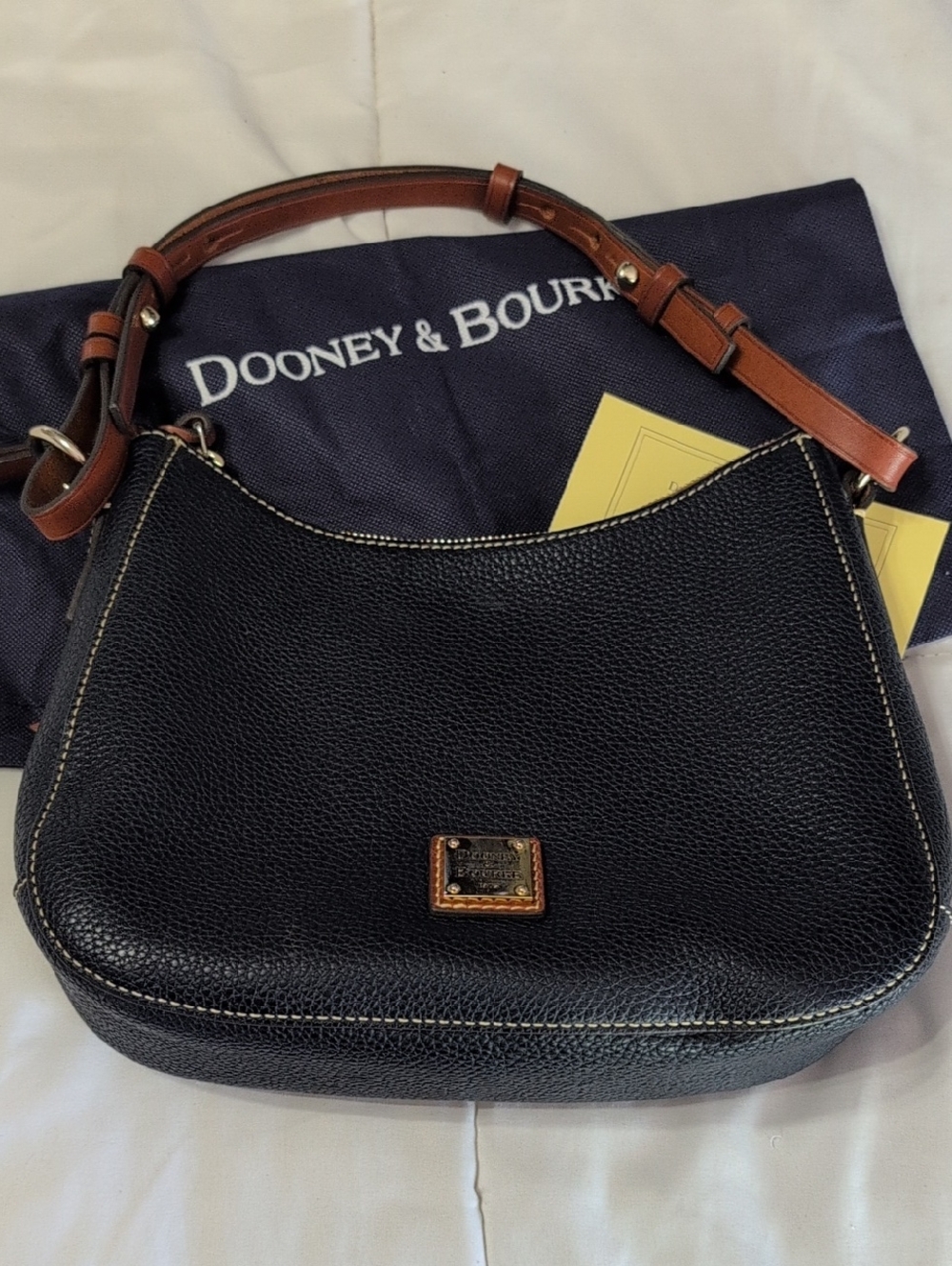 Dooney & Bourke Navy Pebbled Leather Shoulder Bag with Brown Strap